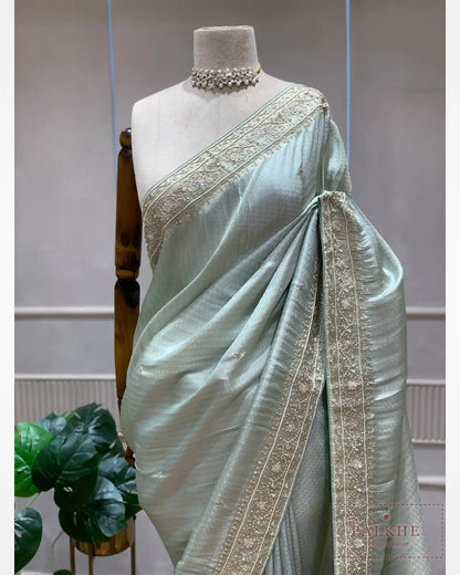 Aqua Blue Brocade Kanjivaram x Hand Embroidery