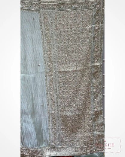 Aqua Blue Brocade Kanjivaram x Hand Embroidery