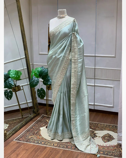Aqua Blue Brocade Kanjivaram x Hand Embroidery