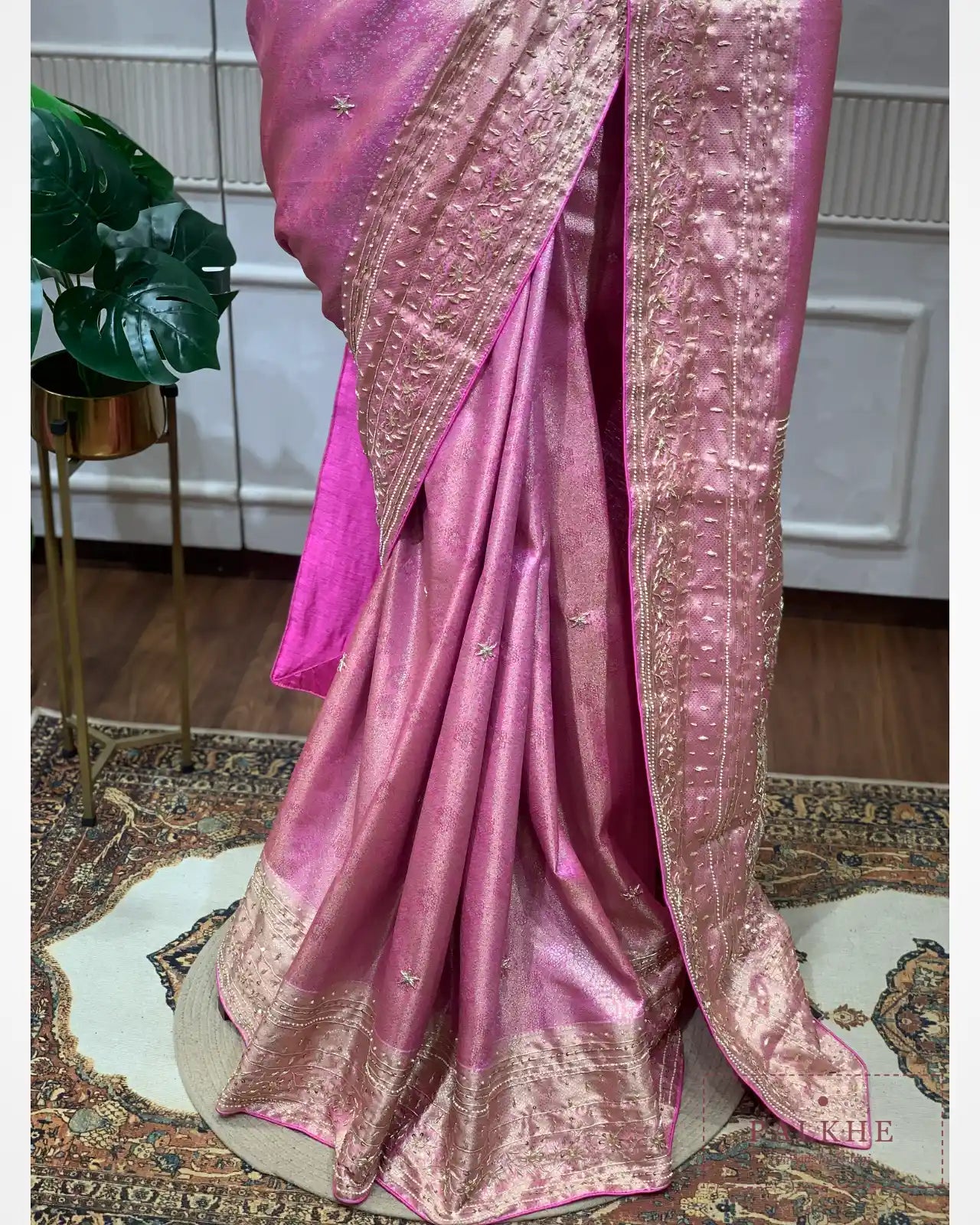 Pink Semi Silk Kanjivaram x Hand Embroidery