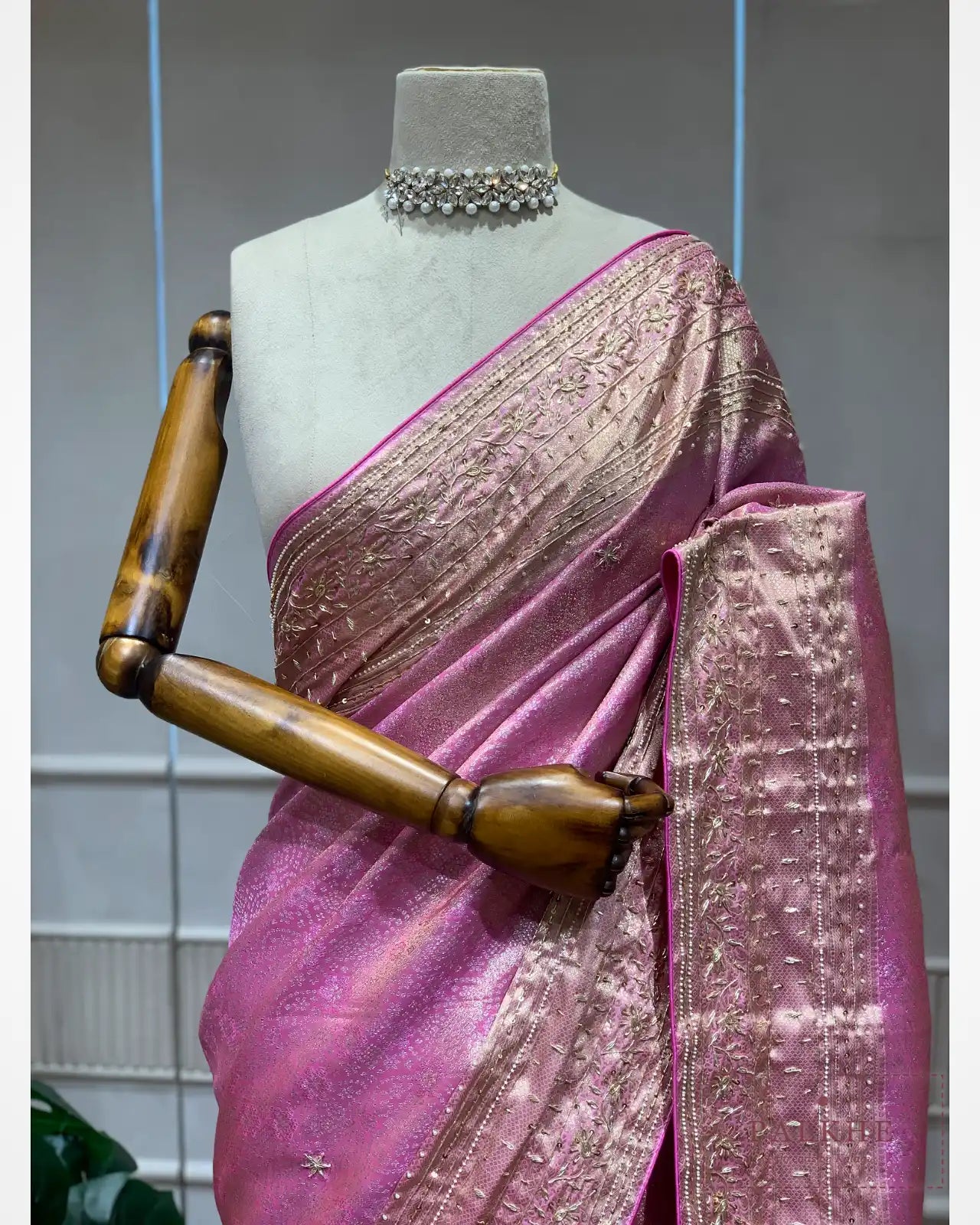 Pink Semi Silk Kanjivaram x Hand Embroidery