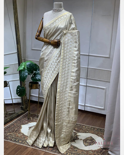 Silver-Gold Floral Semi Silk Kanjivaram x Hand Embroidery