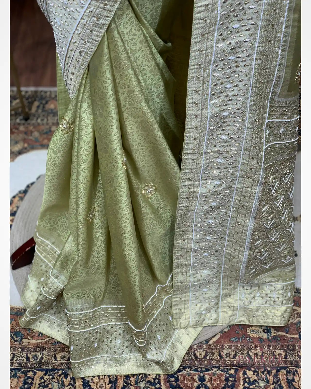 Teal Green Floral Jaal Semi Silk Kanjivaram x Hand Embroidery