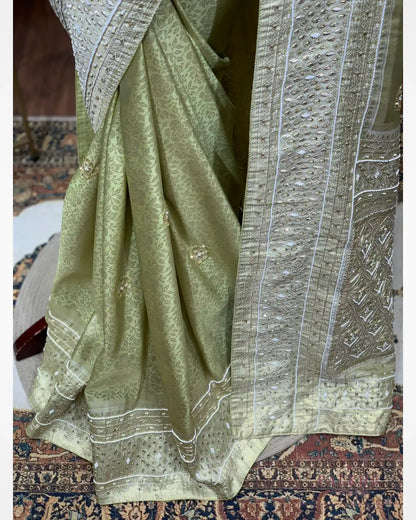 Teal Green Floral Jaal Semi Silk Kanjivaram x Hand Embroidery