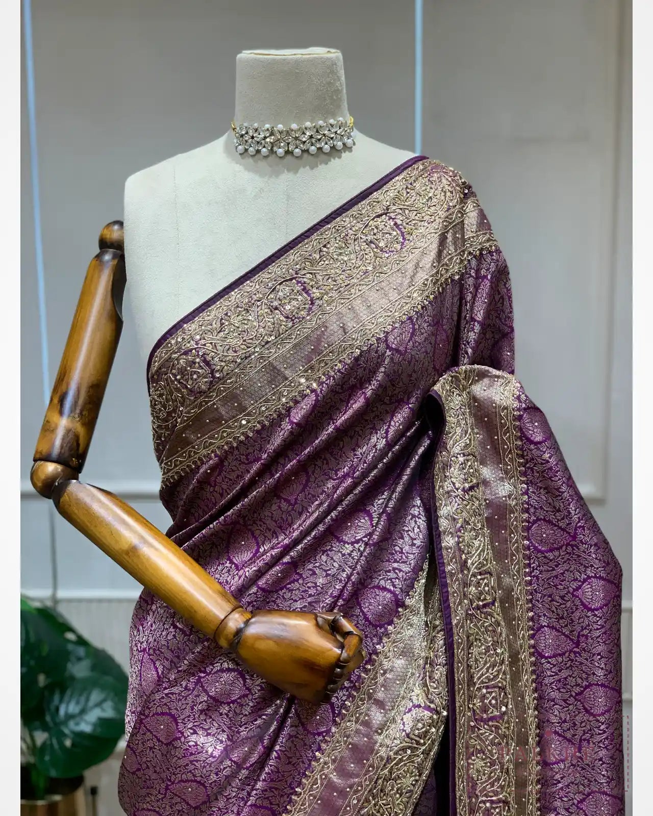 Purple Semi Silk Banarasi x Hand Embroidery