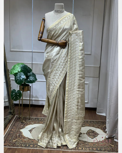Silver-Gold Floral Semi Silk Kanjivaram x Hand Embroidery