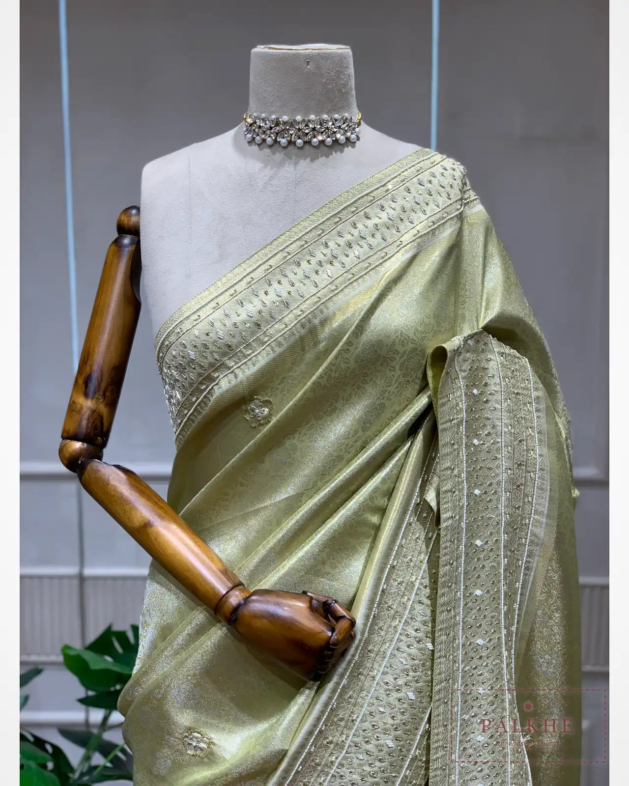 Teal Green Floral Jaal Semi Silk Kanjivaram x Hand Embroidery