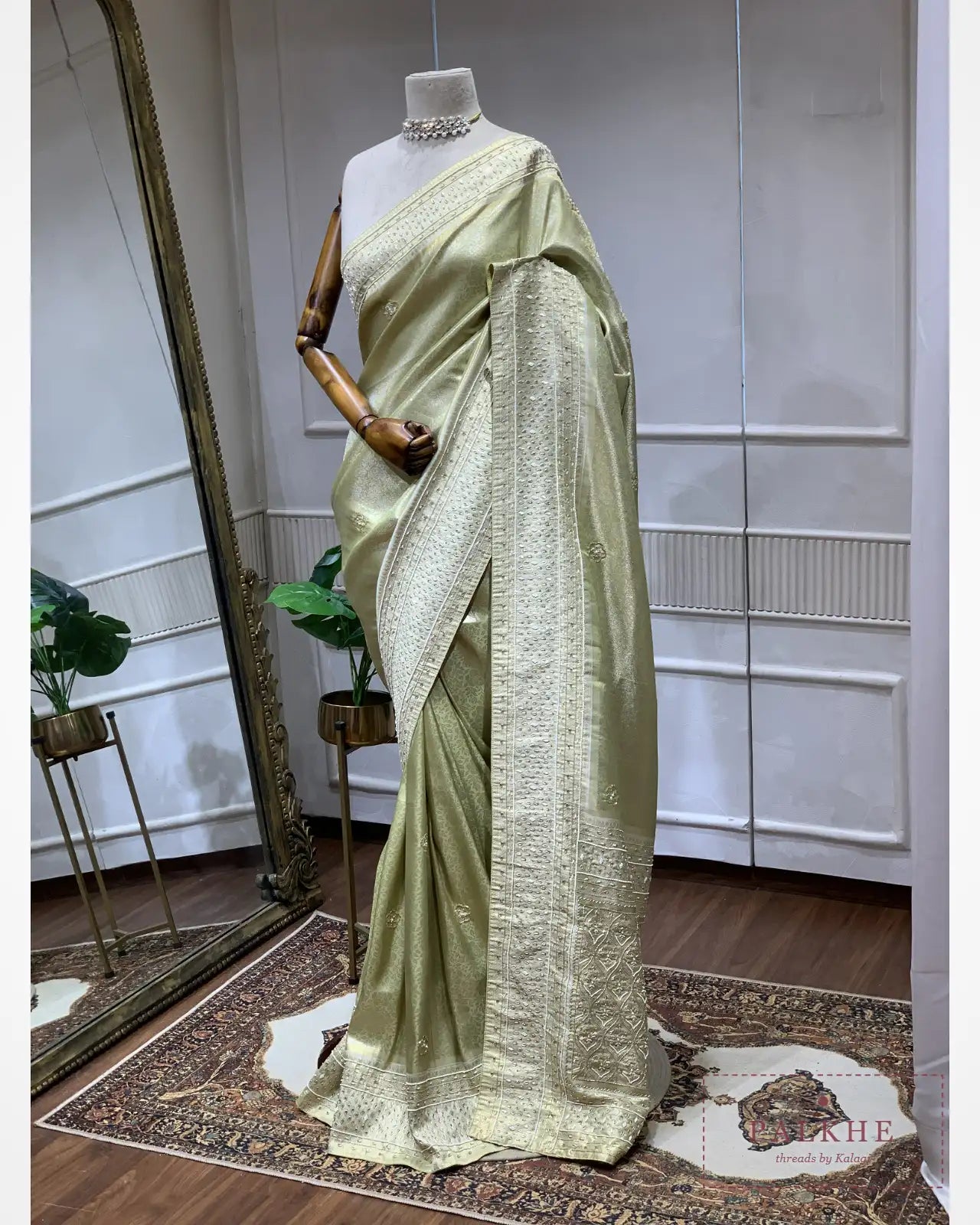 Teal Green Floral Jaal Semi Silk Kanjivaram x Hand Embroidery