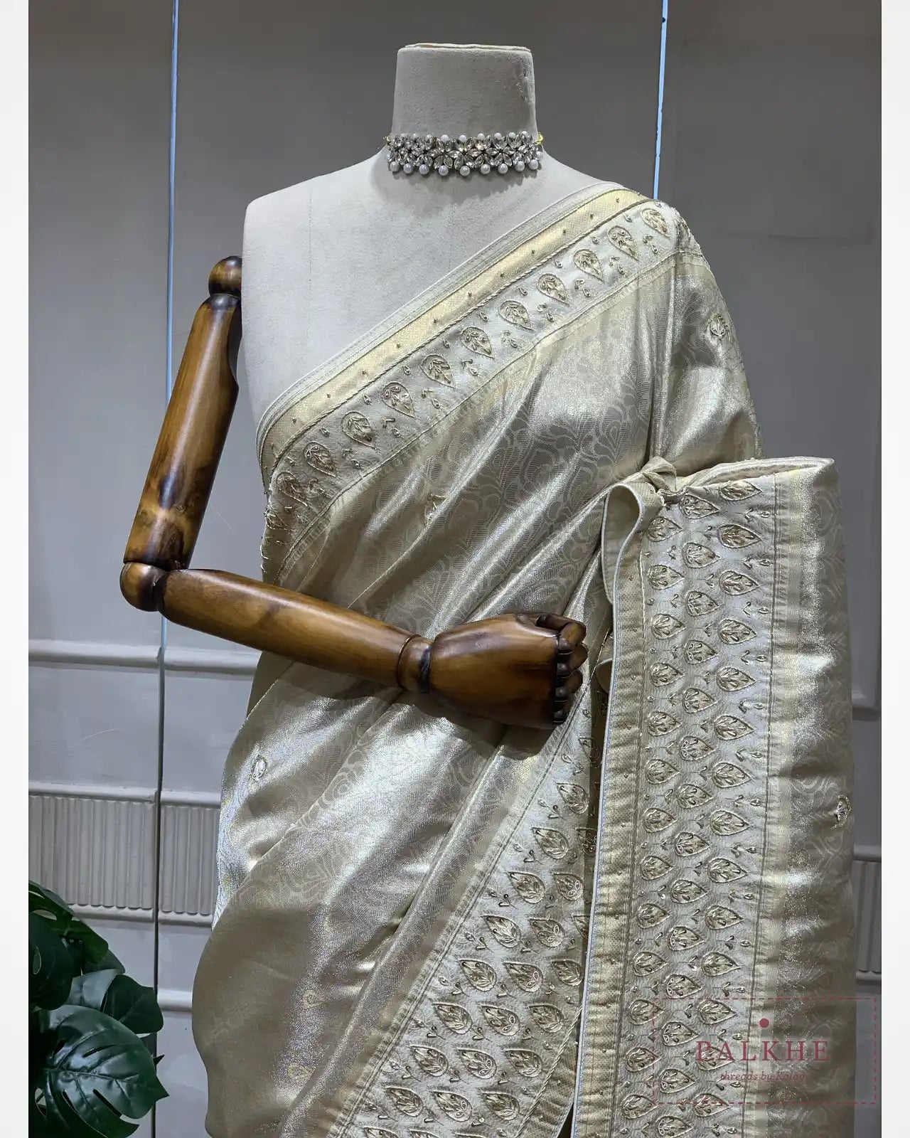 Silver-Gold Floral Semi Silk Kanjivaram x Hand Embroidery