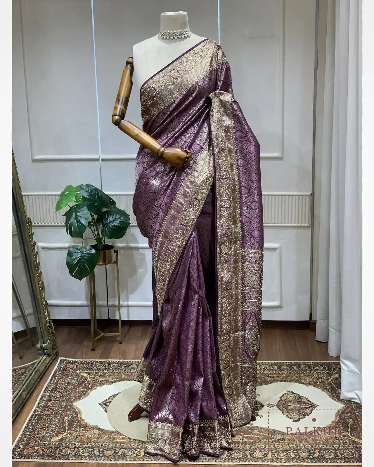 Purple Semi Silk Banarasi x Hand Embroidery