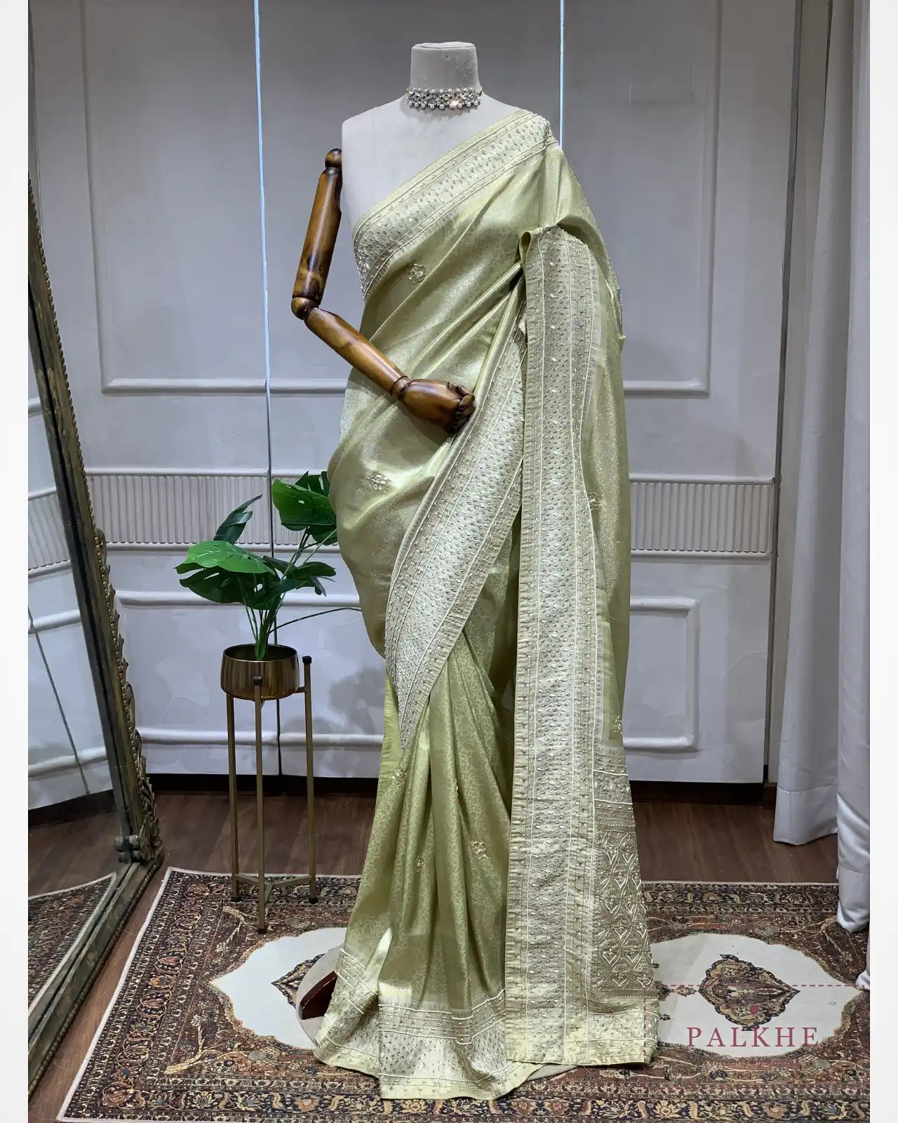 Teal Green Floral Jaal Semi Silk Kanjivaram x Hand Embroidery