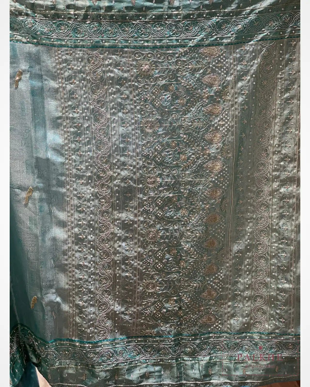 Aqua Blue Semi Silk Brocade Kanjivaram x Hand Embroidery