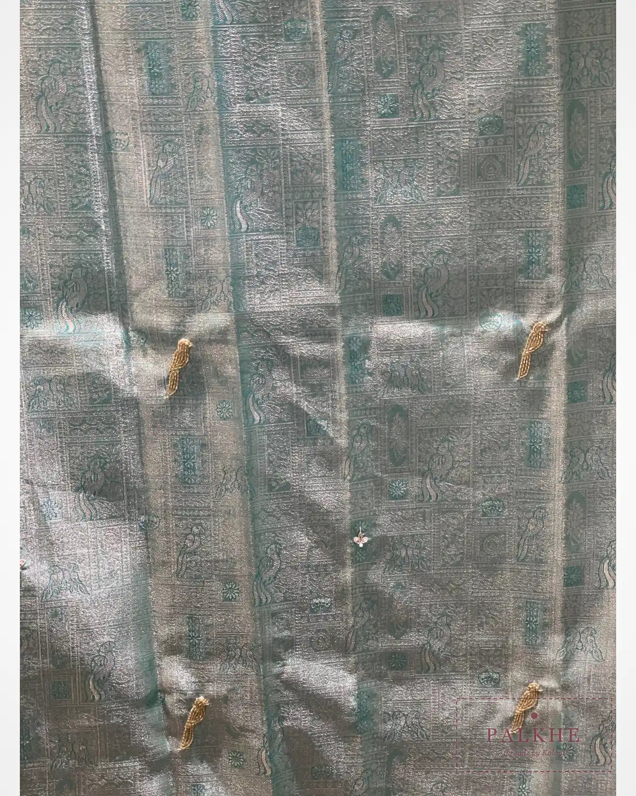 Aqua Blue Semi Silk Brocade Kanjivaram x Hand Embroidery
