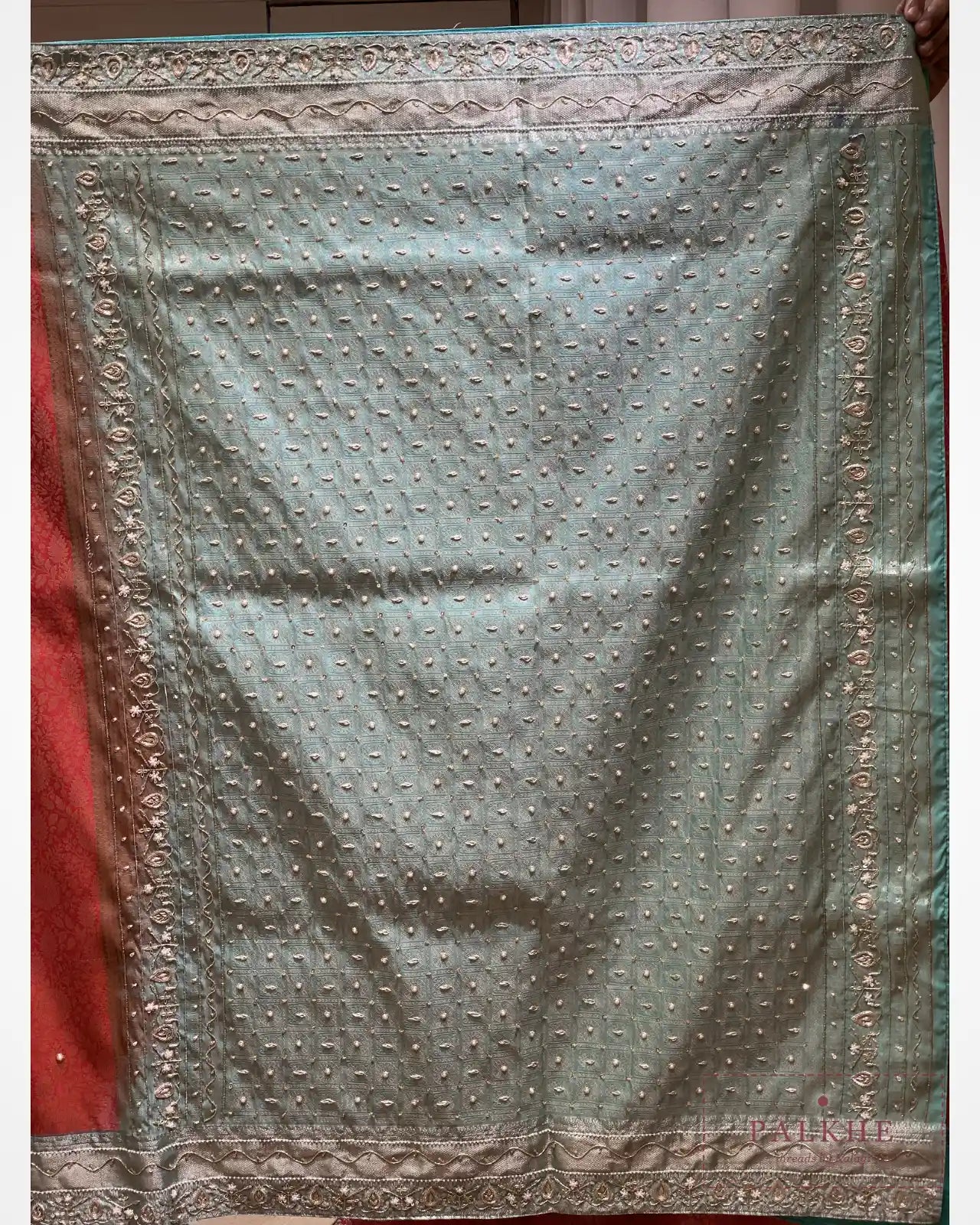 Libas Pink & Turquoise Blue Semi Silk Banarasi x Hand Embroidery
