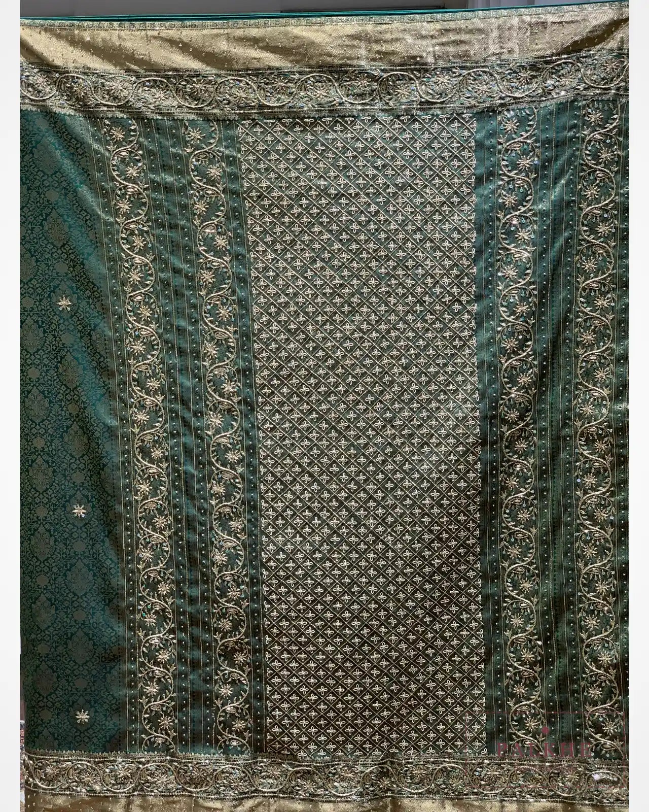 Bottle Green Semi Silk Banarasi x Hand Embroidery