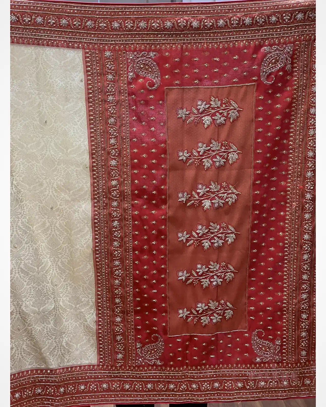 Off White Floral Semi Silk Brocade Kanjivaram x Hand Embroidery