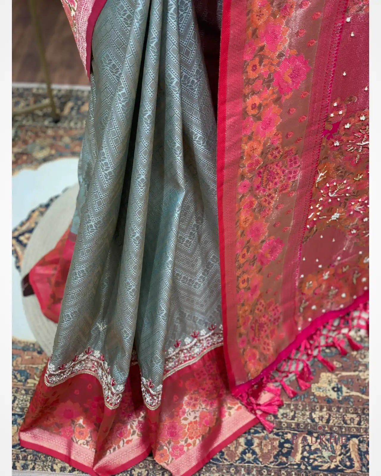 Mint Green Semi Silk Kanjivaram x Hand Embroidery