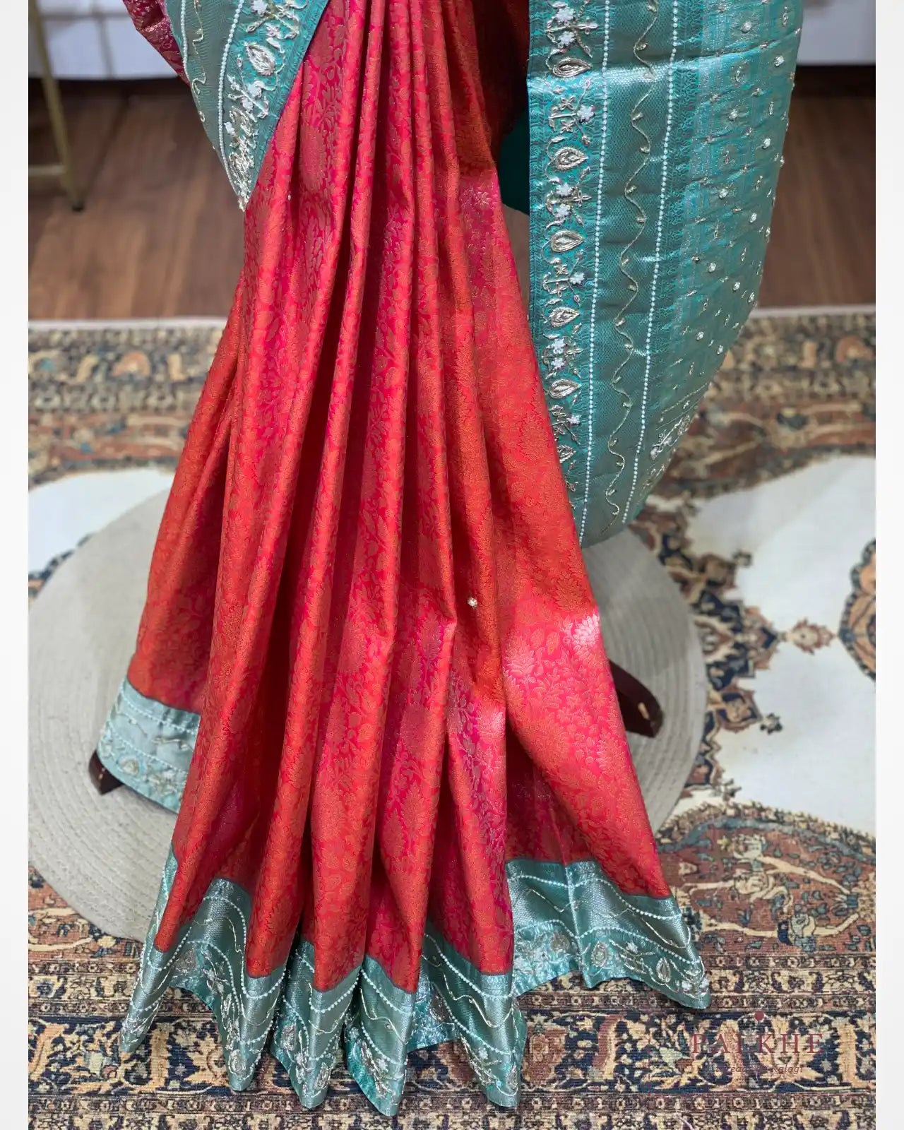 Libas Pink & Turquoise Blue Semi Silk Banarasi x Hand Embroidery