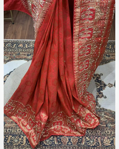 Classic Red Semi Silk Banarasi x Hand Embroidery