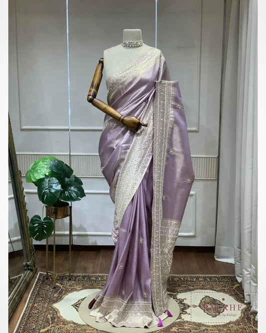 Lavender Floral Jaal Semi Silk Kanjivaram x Hand Embroidery