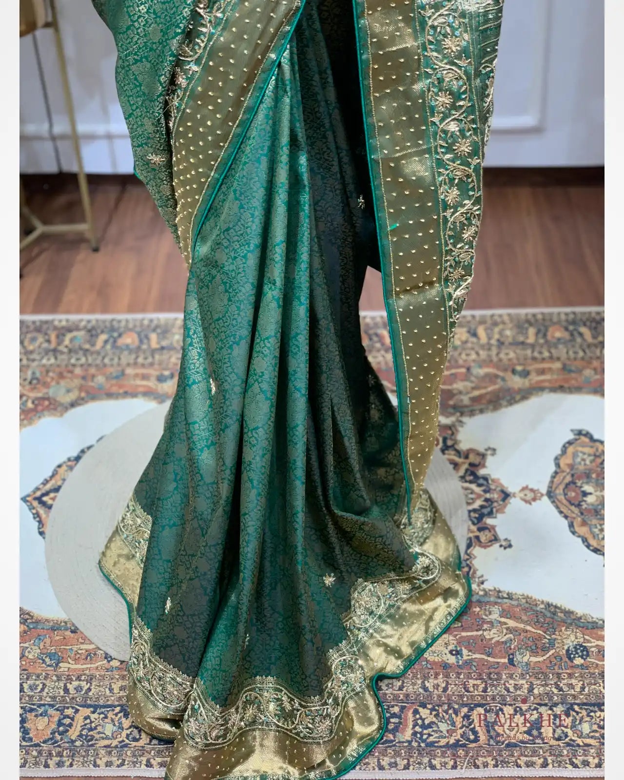 Bottle Green Semi Silk Banarasi x Hand Embroidery