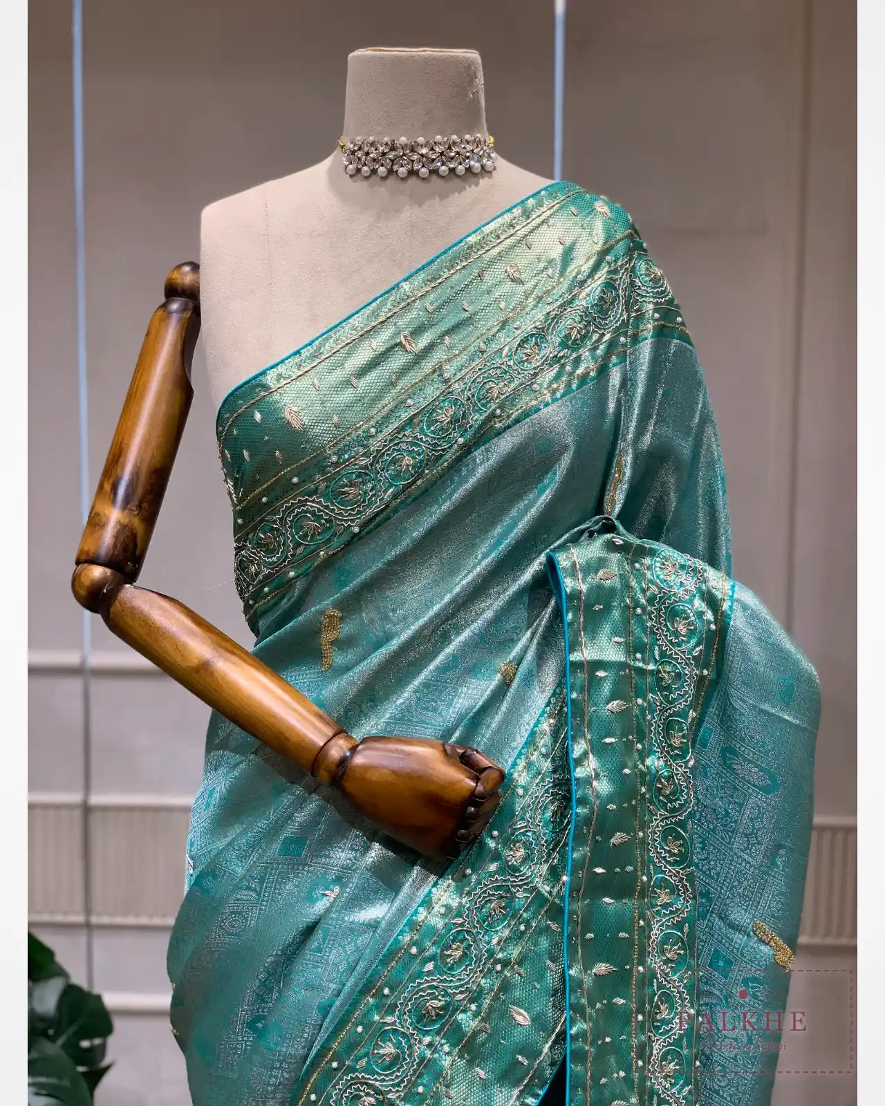 Aqua Blue Semi Silk Brocade Kanjivaram x Hand Embroidery