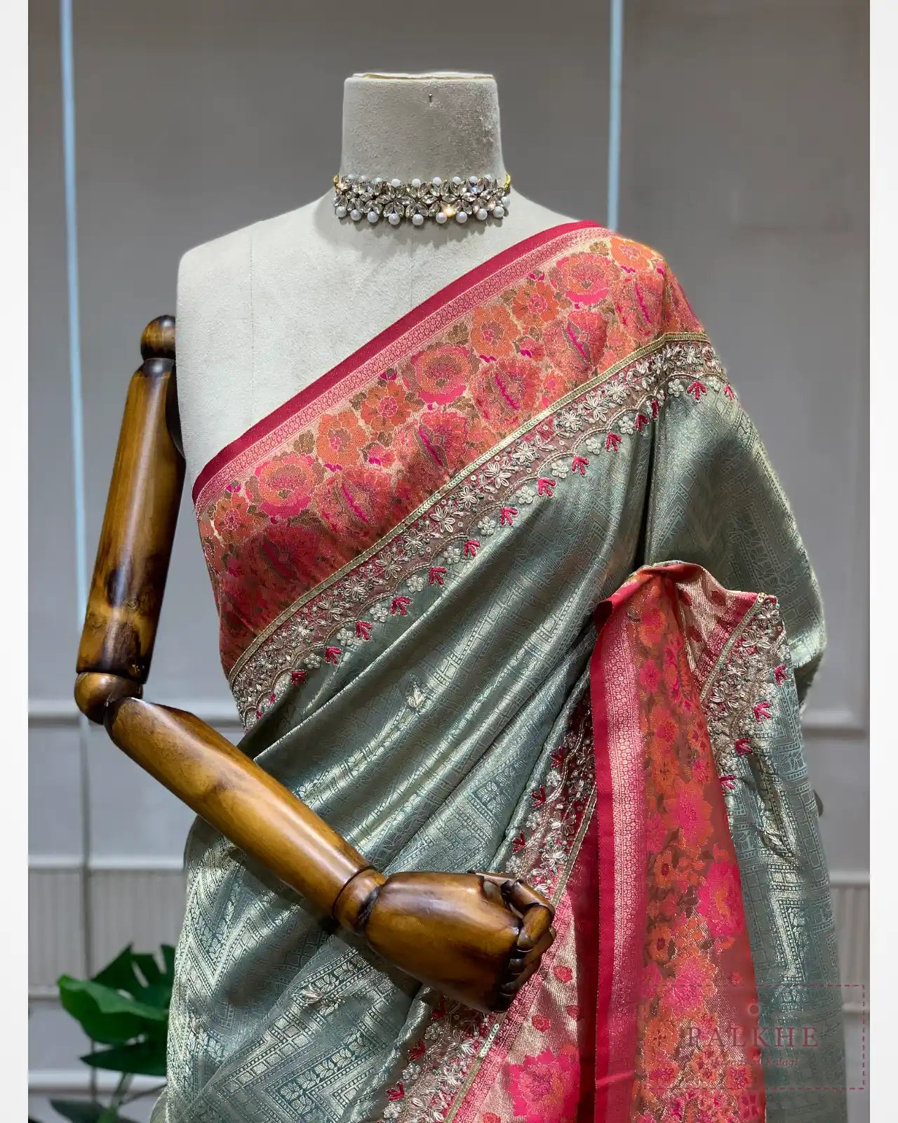 Mint Green Semi Silk Kanjivaram x Hand Embroidery