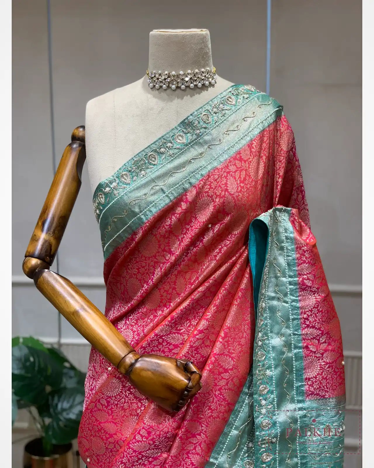 Libas Pink & Turquoise Blue Semi Silk Banarasi x Hand Embroidery