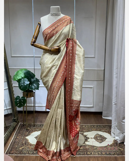 Off White Floral Semi Silk Brocade Kanjivaram x Hand Embroidery