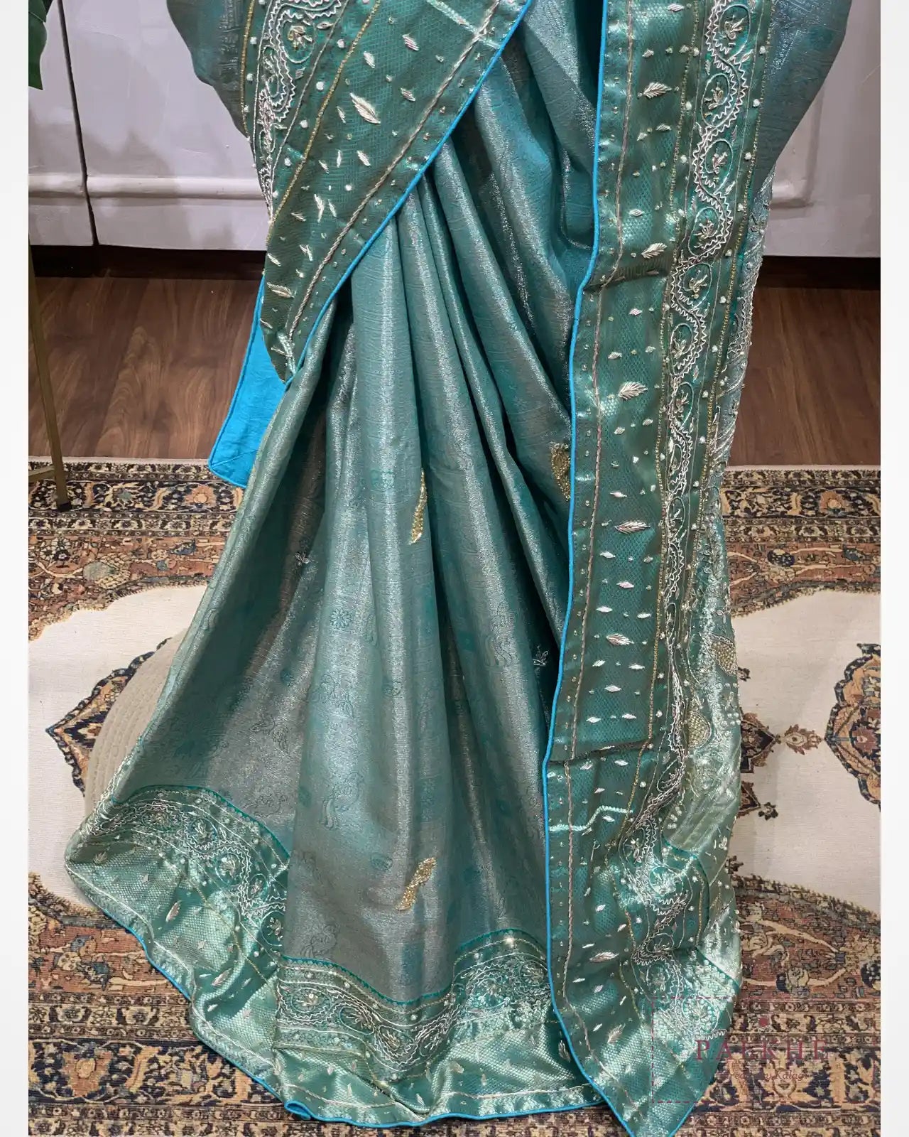 Aqua Blue Semi Silk Brocade Kanjivaram x Hand Embroidery