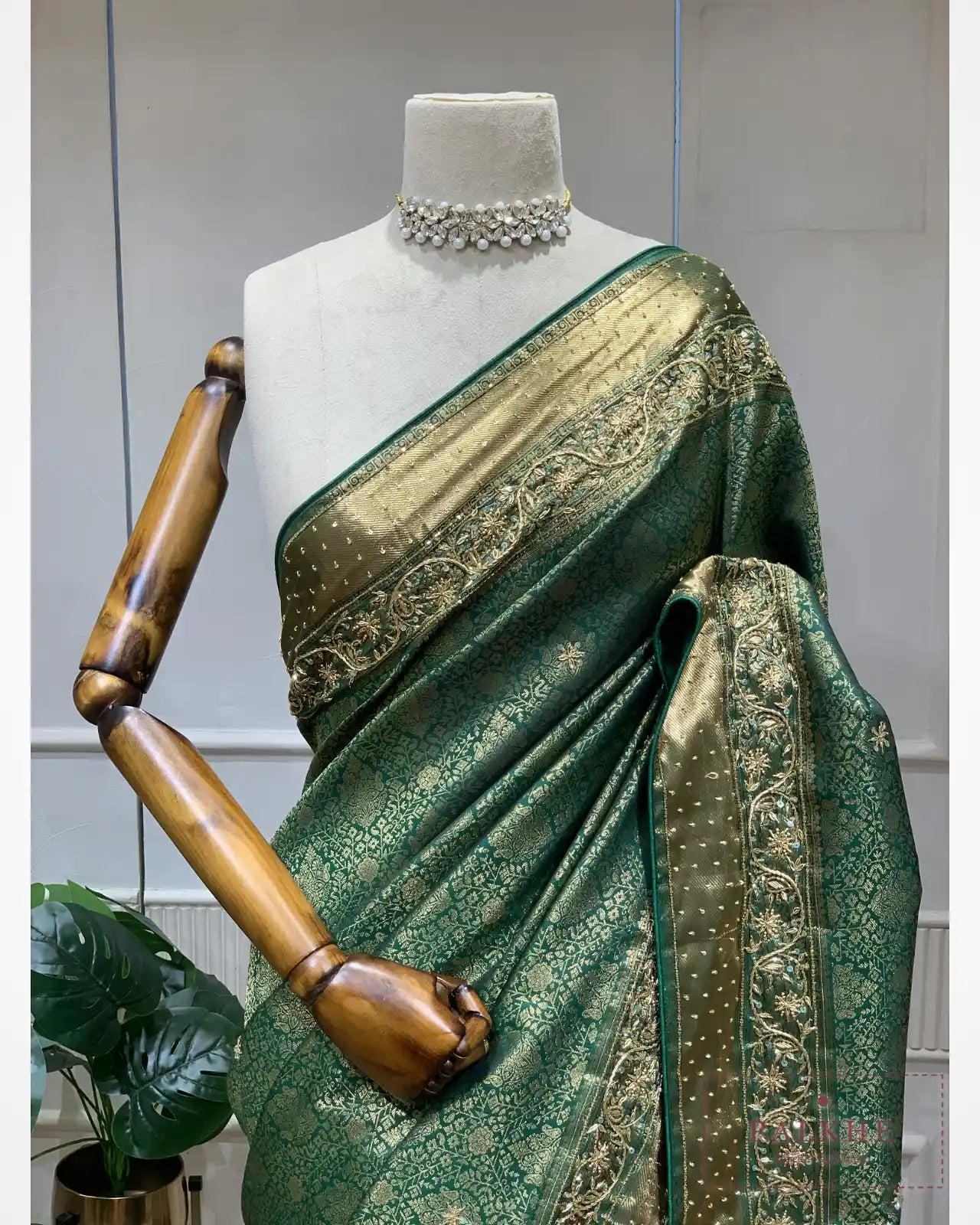 Bottle Green Semi Silk Banarasi x Hand Embroidery