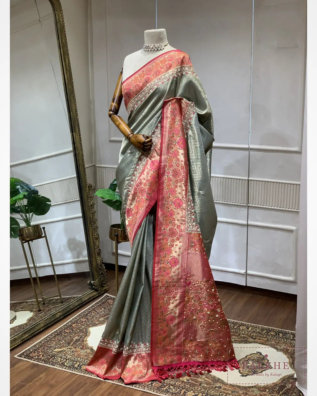 Mint Green Semi Silk Kanjivaram x Hand Embroidery