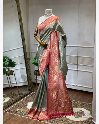 Mint Green Semi Silk Kanjivaram x Hand Embroidery