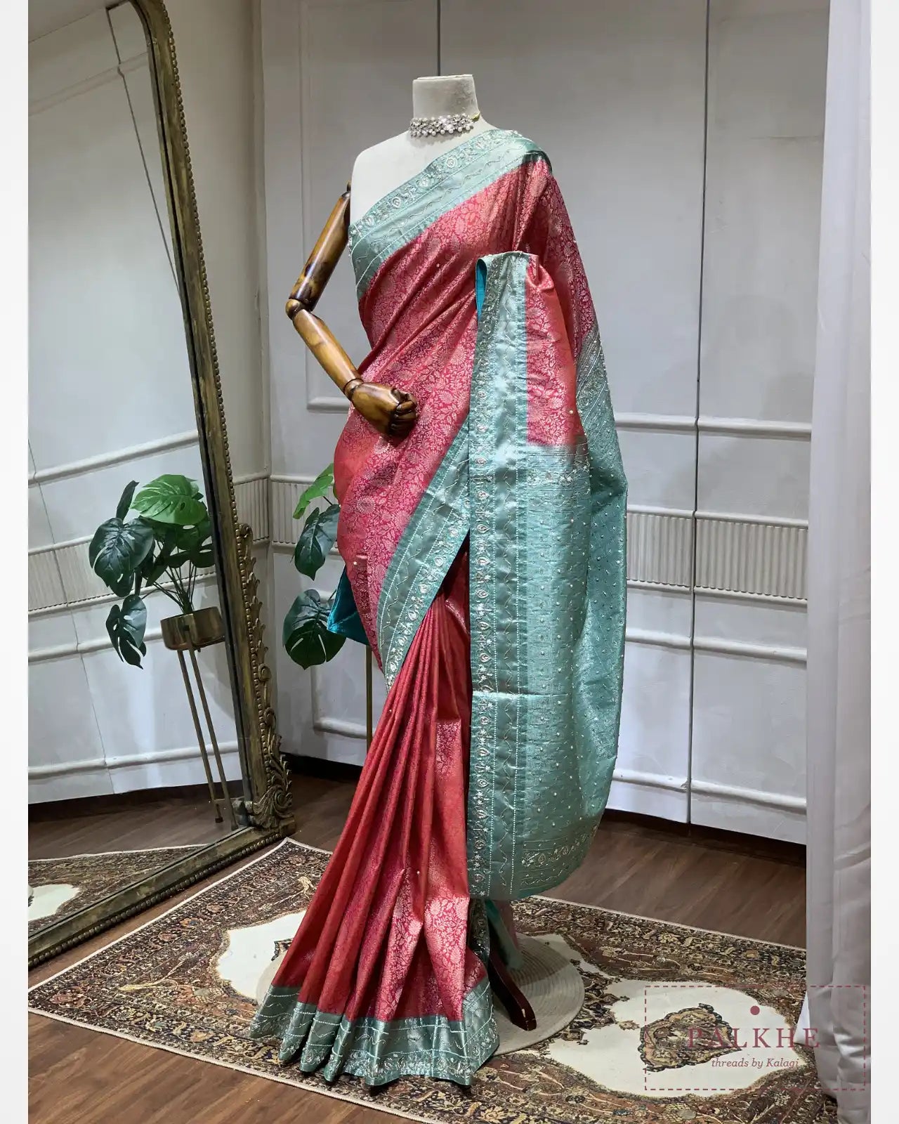 Libas Pink & Turquoise Blue Semi Silk Banarasi x Hand Embroidery