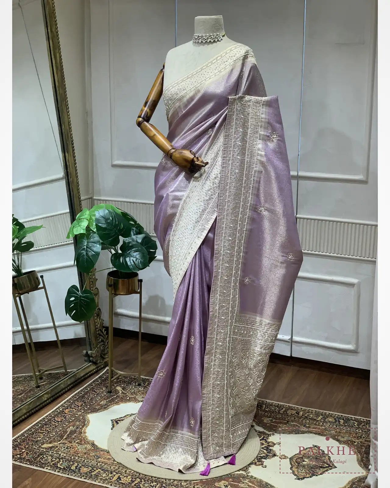 Lavender Floral Jaal Semi Silk Kanjivaram x Hand Embroidery