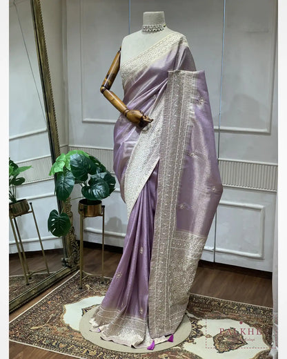 Lavender Floral Jaal Semi Silk Kanjivaram x Hand Embroidery
