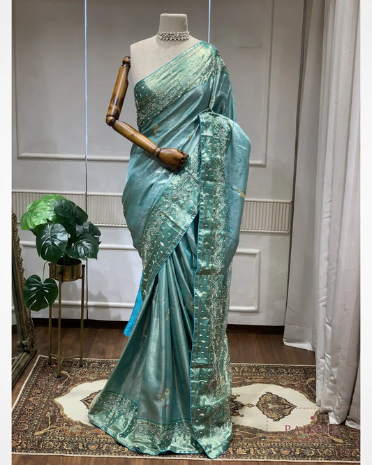 Aqua Blue Semi Silk Brocade Kanjivaram x Hand Embroidery