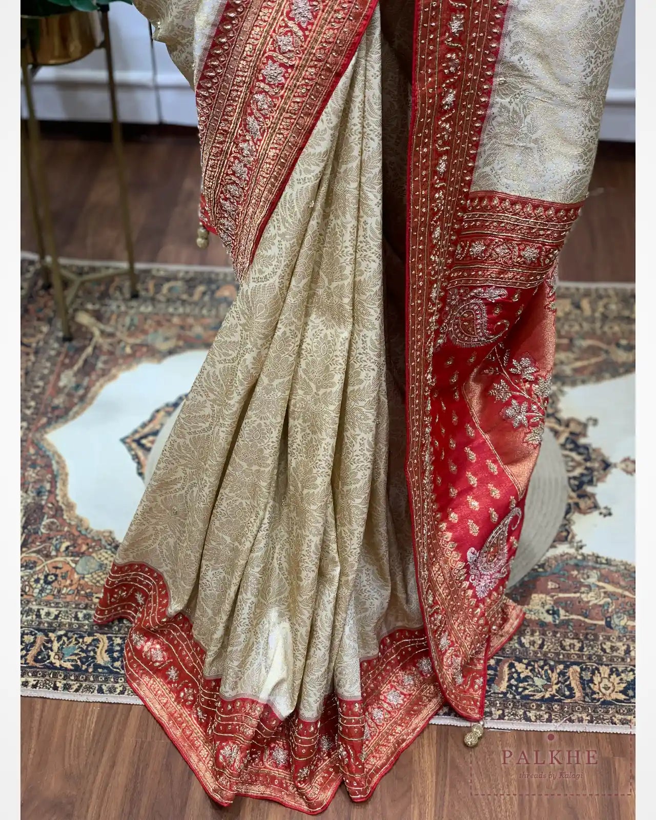 Off White Floral Semi Silk Brocade Kanjivaram x Hand Embroidery