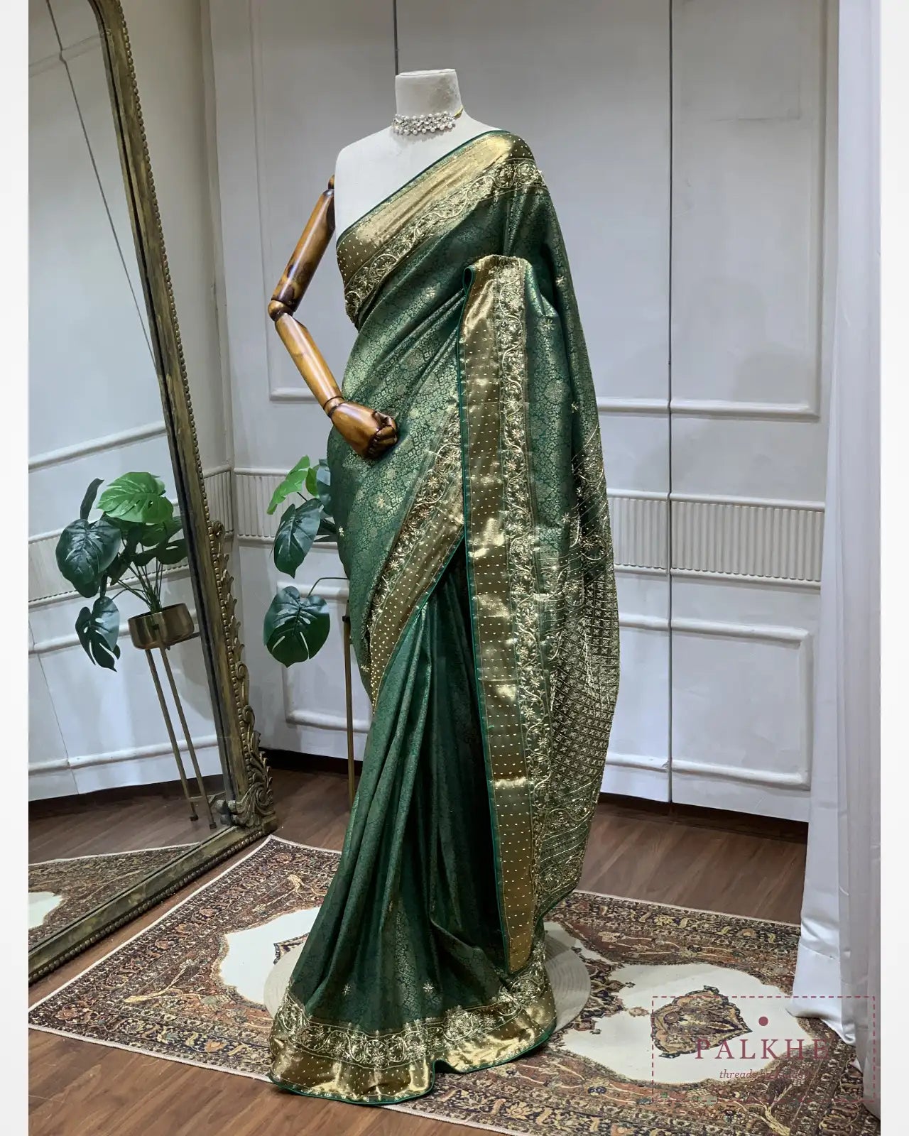 Bottle Green Semi Silk Banarasi x Hand Embroidery