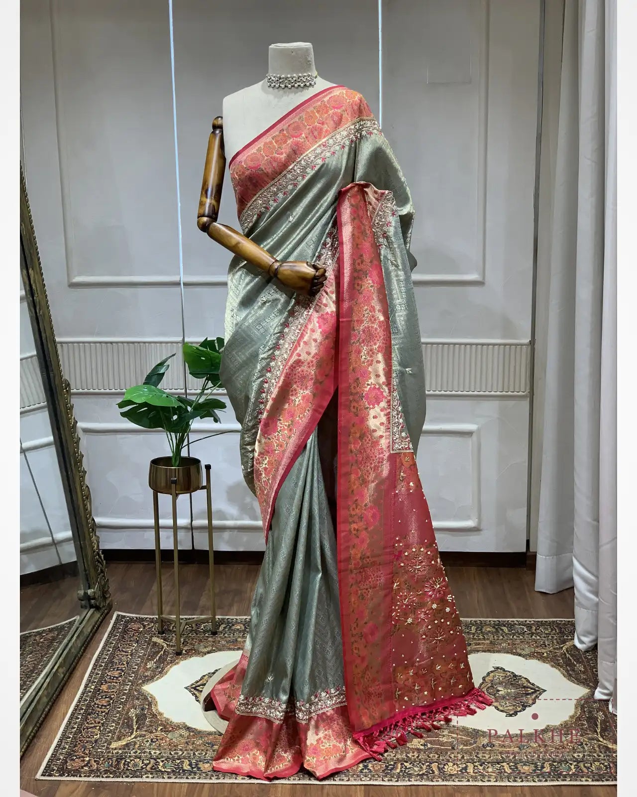 Mint Green Semi Silk Kanjivaram x Hand Embroidery