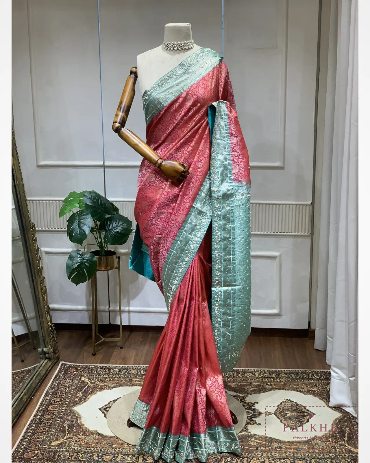 Libas Pink & Turquoise Blue Semi Silk Banarasi x Hand Embroidery