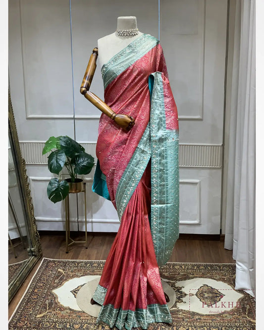 Libas Pink & Turquoise Blue Semi Silk Banarasi x Hand Embroidery