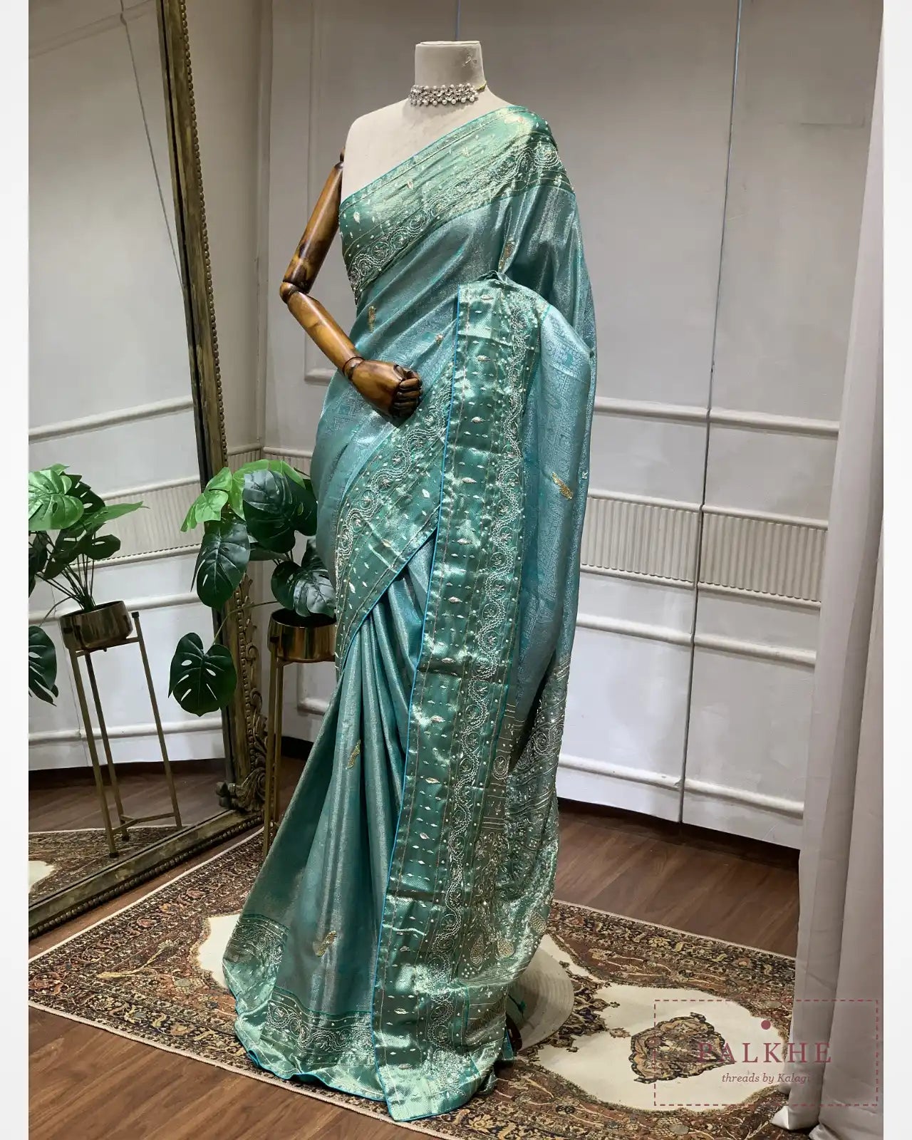 Aqua Blue Semi Silk Brocade Kanjivaram x Hand Embroidery