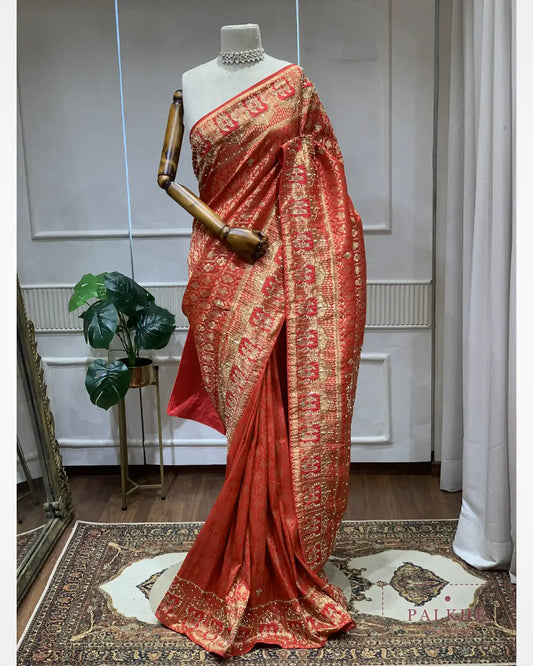 Classic Red Semi Silk Banarasi x Hand Embroidery
