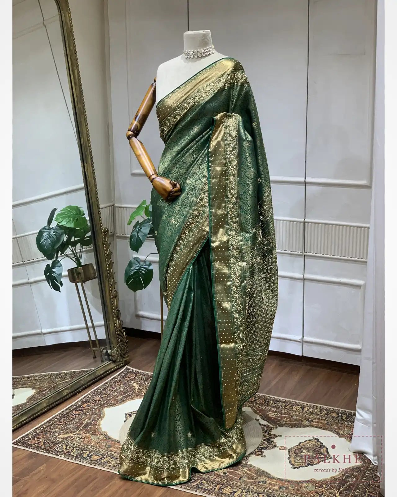 Bottle Green Semi Silk Banarasi x Hand Embroidery