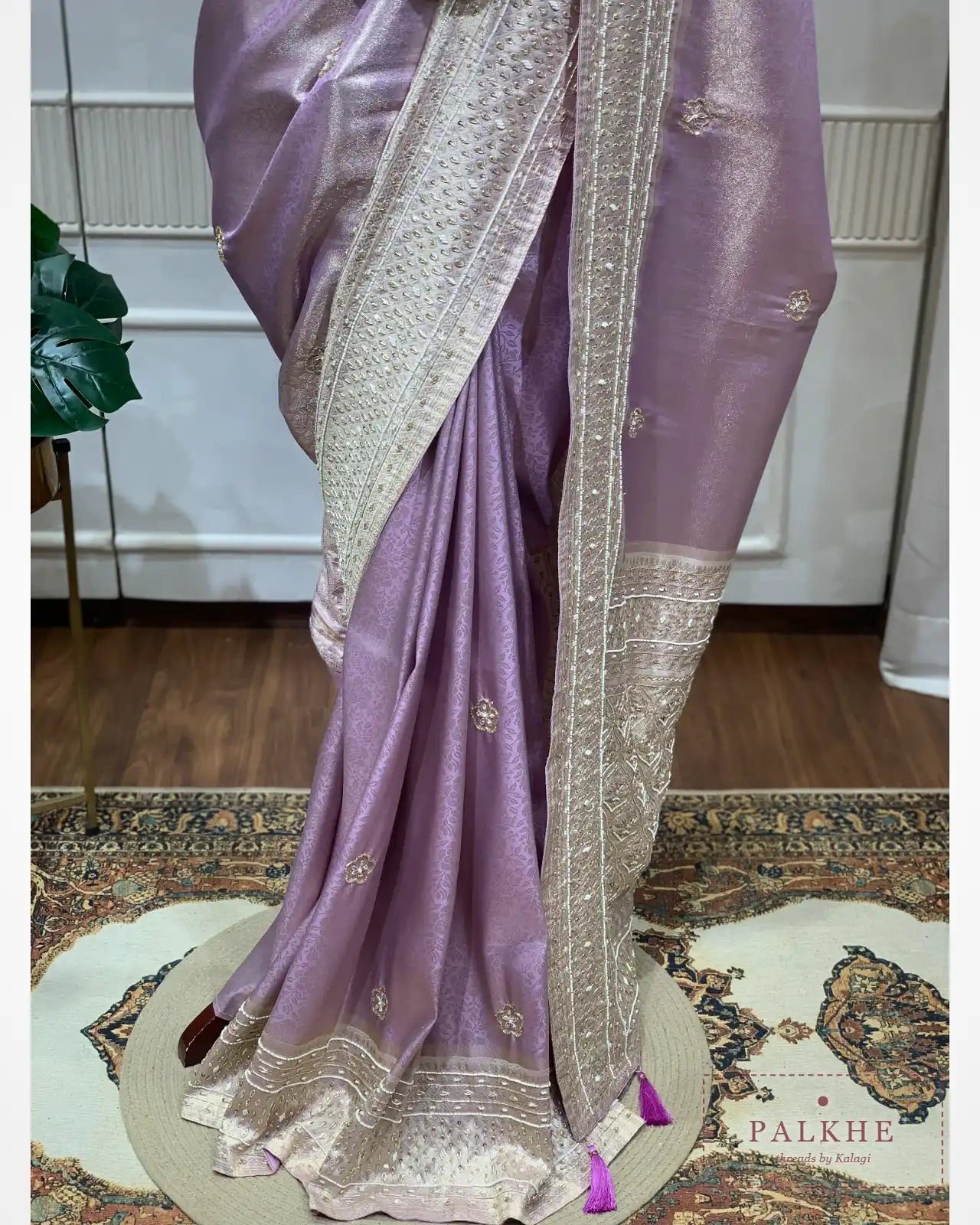 Lavender Floral Jaal Semi Silk Kanjivaram x Hand Embroidery