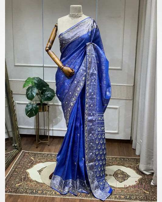 Royal Blue Semi Silk Kanjivaram x Hand Embroidery