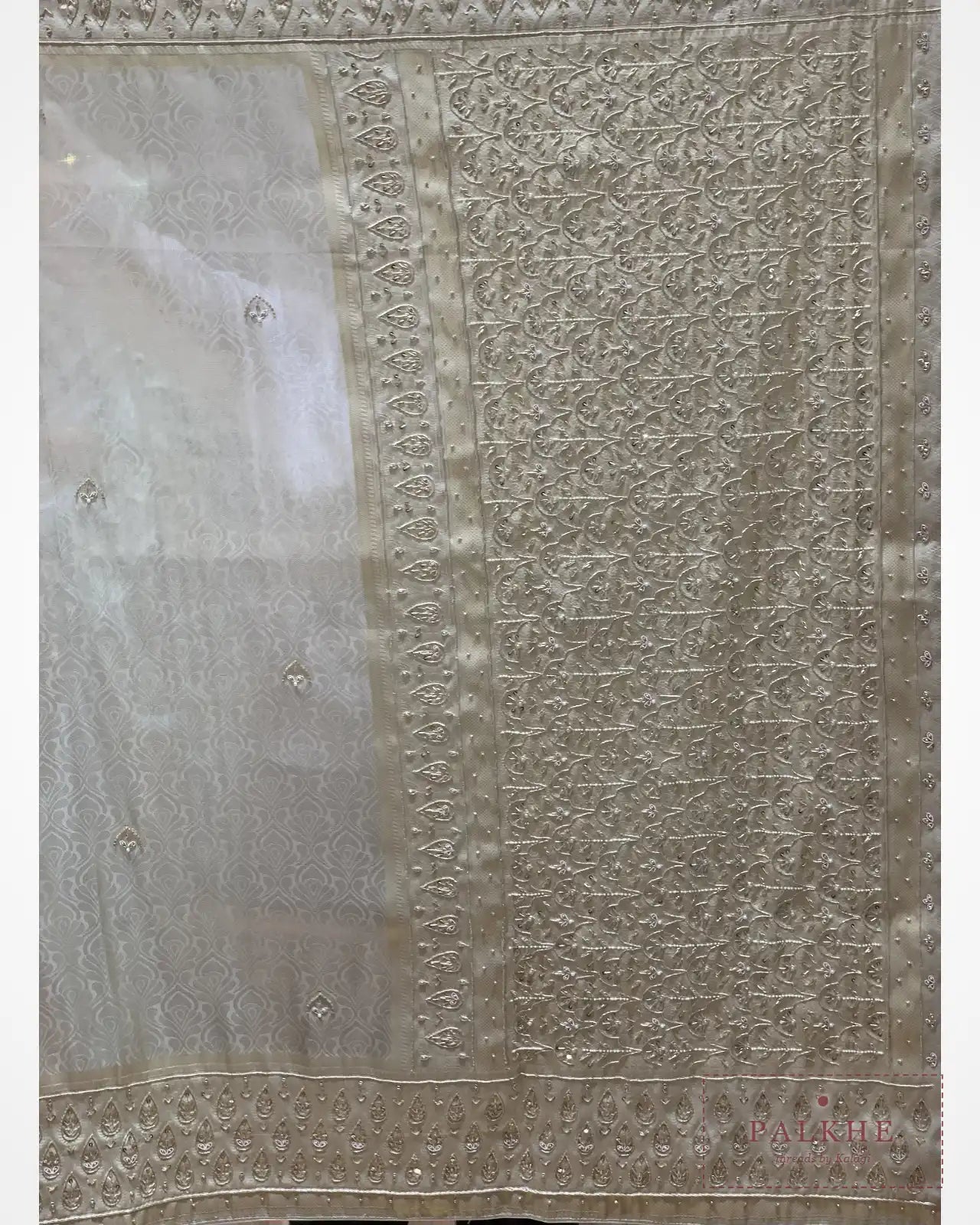 Silver-Gold Floral Semi Silk Kanjivaram x Hand Embroidery