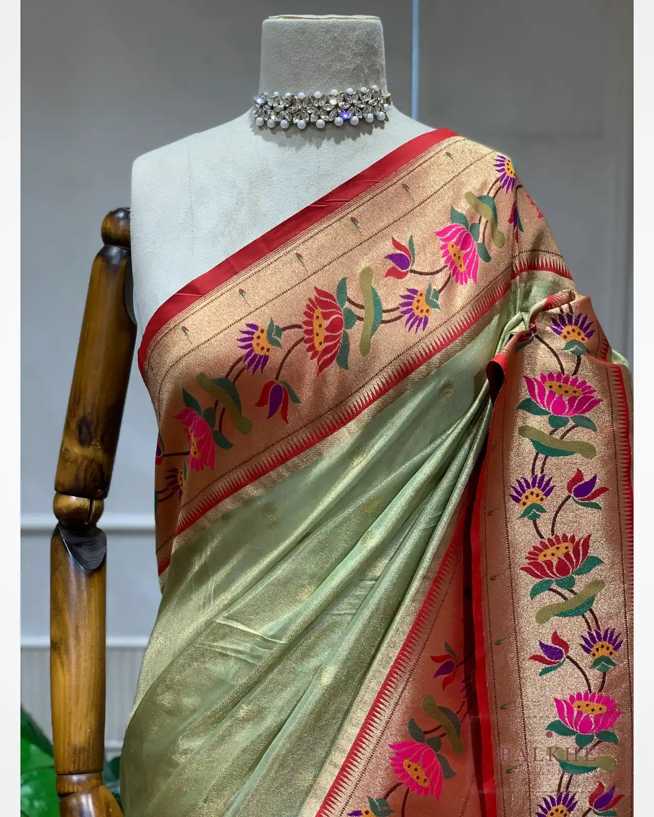 Pista Green Paithani Butti in Tissue Silk