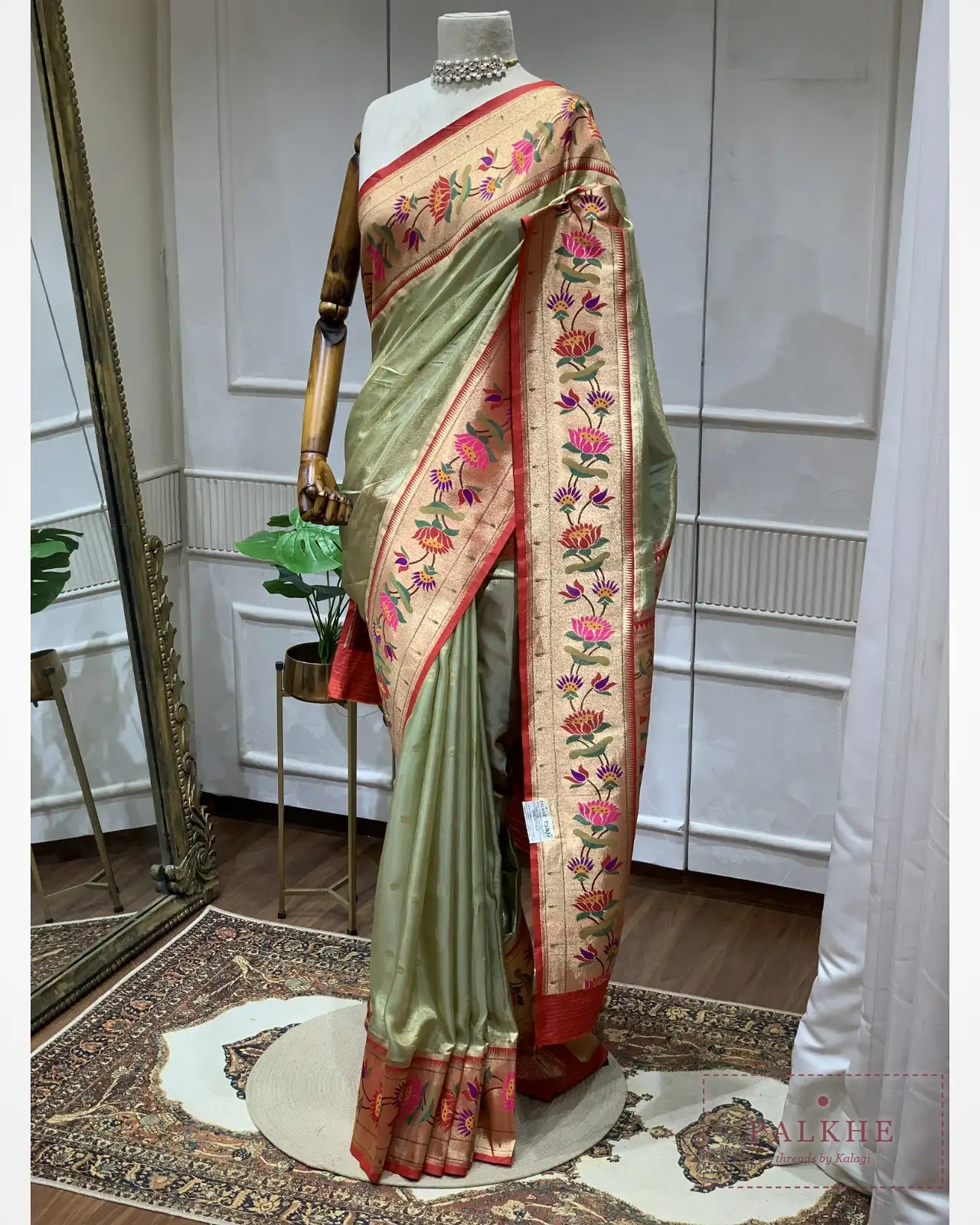 Pista Green Paithani Butti in Tissue Silk